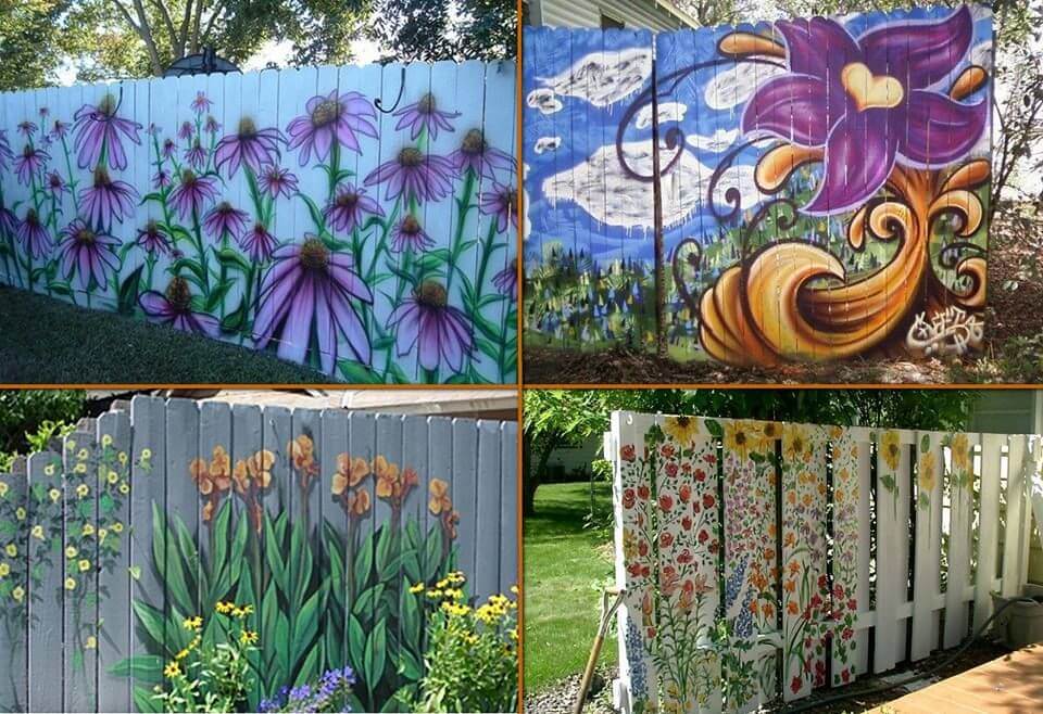 Different artworks on a fence